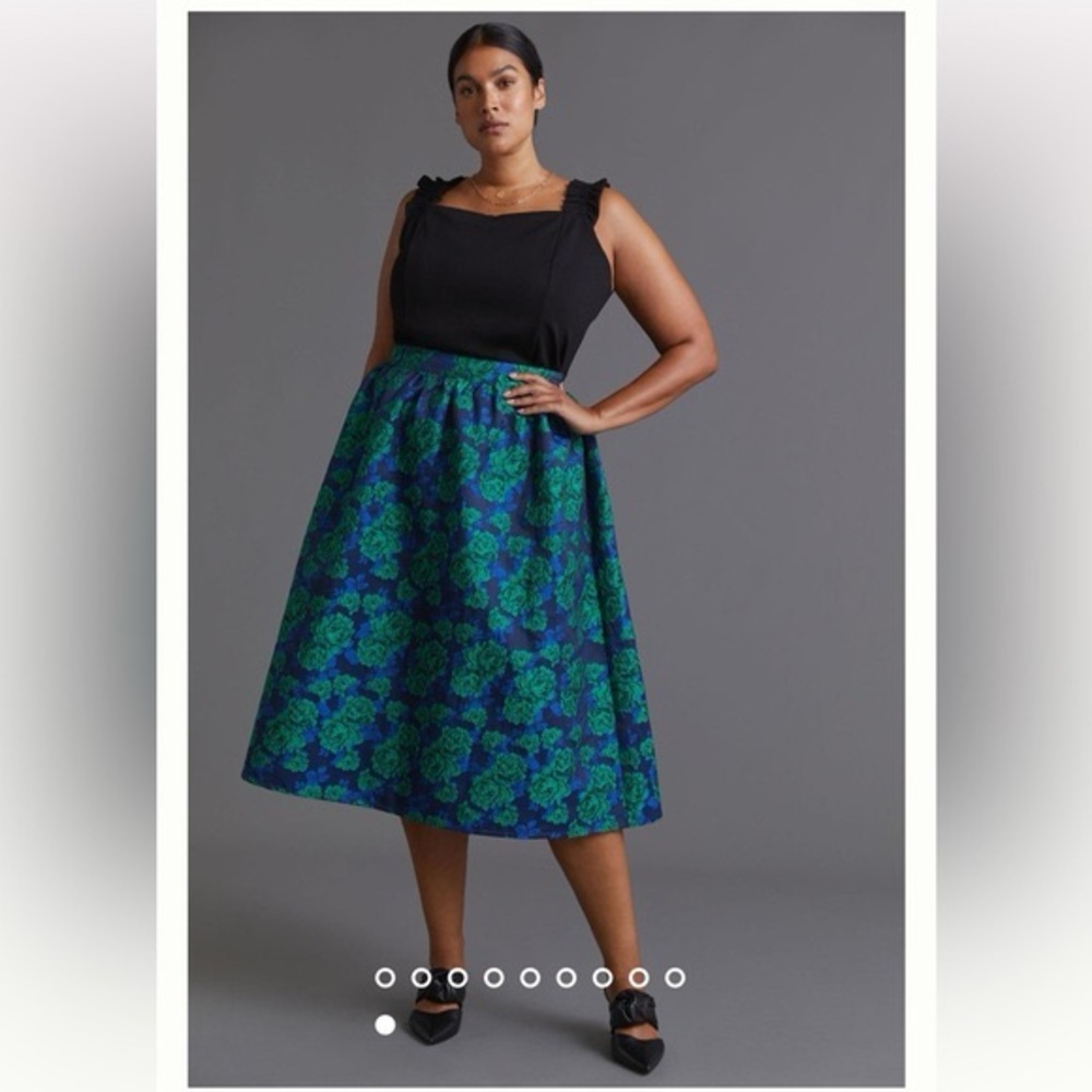 Anthropologie Navy Midi Skirt with Blue-Green Floral Jacquard